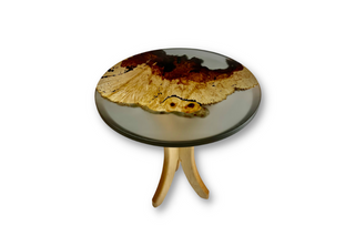 Hand-made maple burl table for two with transparent smoky gray resin overlay